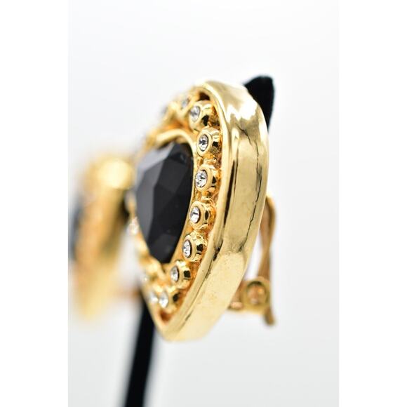 Vintage Crystal Heart Clip On Earrings Black Chunky Gold Heavy NOS 1980s A22 - Picture 11 of 16